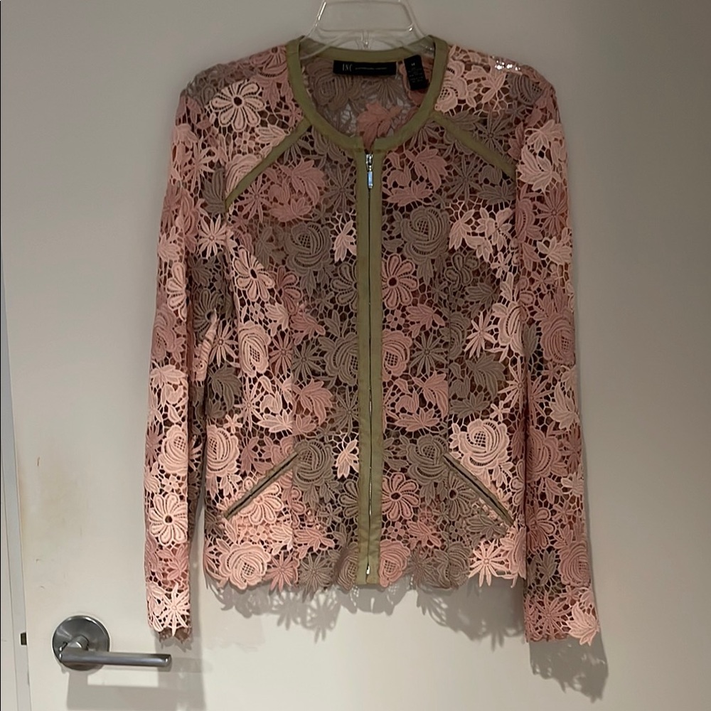 INC International Concepts Pink and Tan Blazer with Intricate Lace Overlay